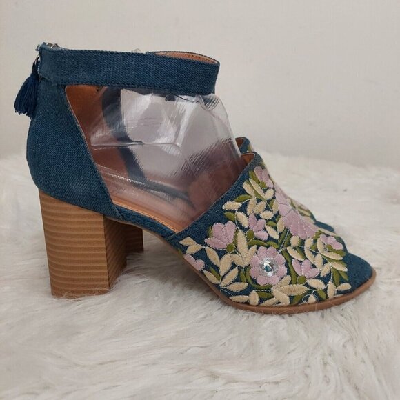 Dolce Mojo Moxy Denim Floral Boho Embroidered Heeled Sandals Shoes Open Toe 10M - Picture 3 of 10